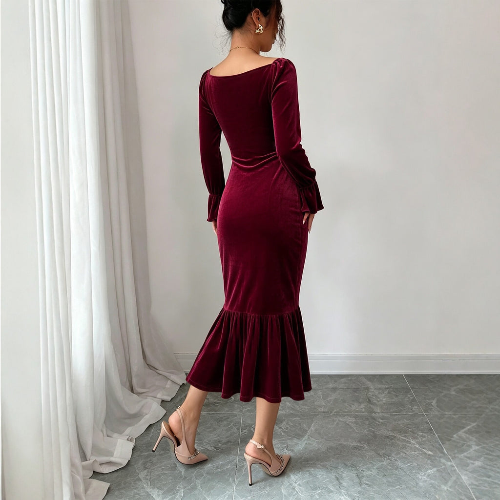 Women's Velvet V-Neck Fishtail Midi Dress