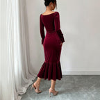 Women's Velvet V-Neck Fishtail Midi Dress