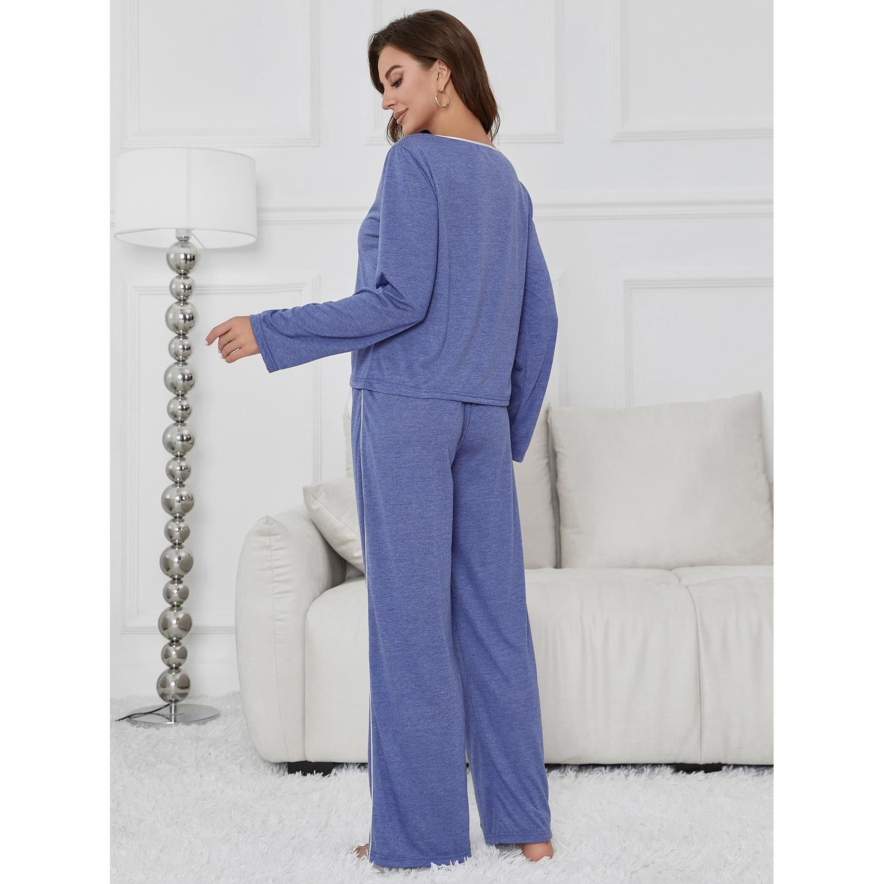 Women Autumn Winter Solid Color Long Sleeved Trousers Home Wear Set