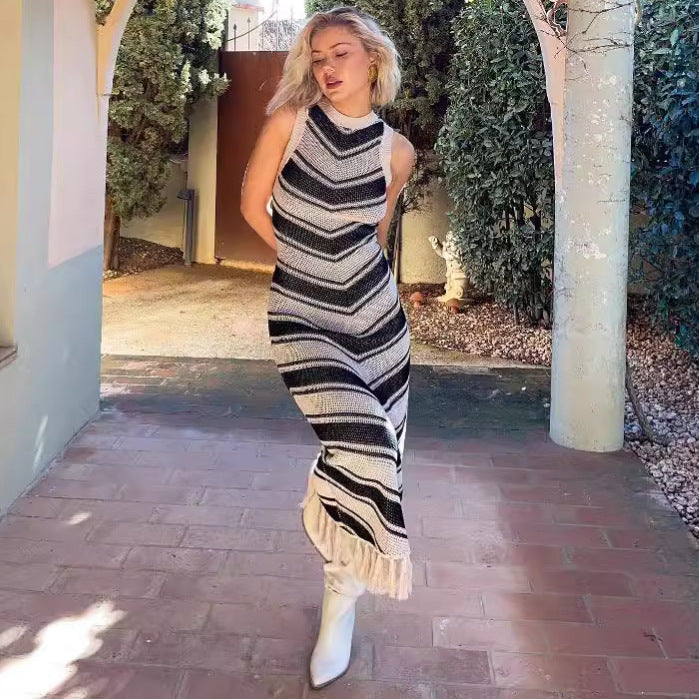 Tight Striped Tassel Knitted Sleeveless Summer Midi Dress