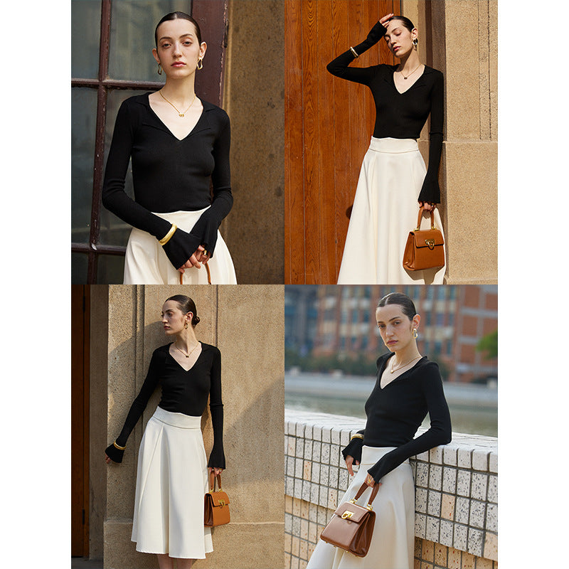 Women's Sinan French Paperman Early Autumn Fashionable Polo Large V Neck Slim Bottoming Shirt