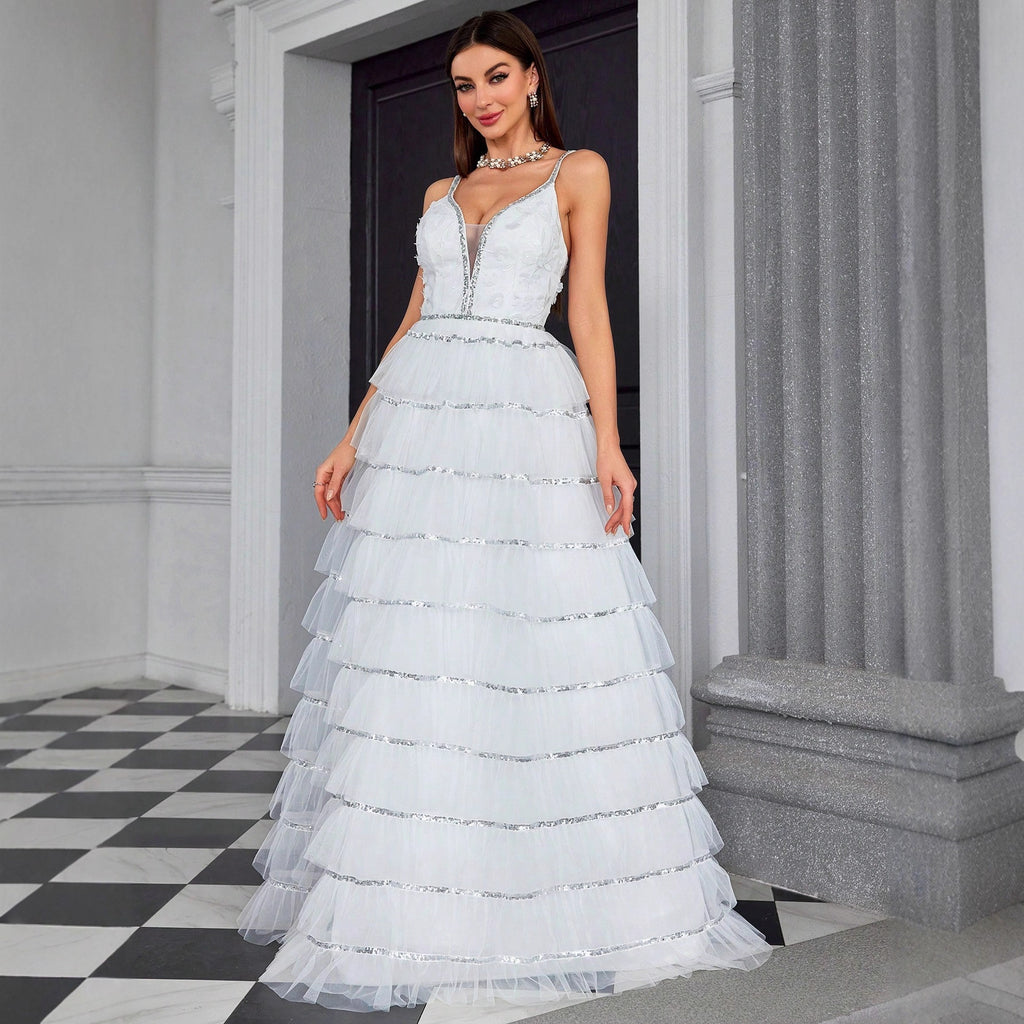 Women's Suspender V Neck Evening Dress Tube Top Dress Layered Women Dress