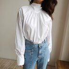 Women's Fall Bowknot Shirt Women French Turtleneck Stand Collar Niche Women White Shirt Top