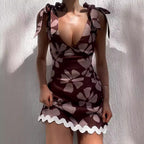 Lace Printing Sweet V-Neck Mini Dress