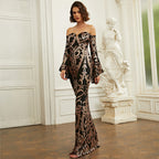 Long Sleeved Elegant Tight Long Sequin Slim Fit Off-Neck Annual Party Evening Dres