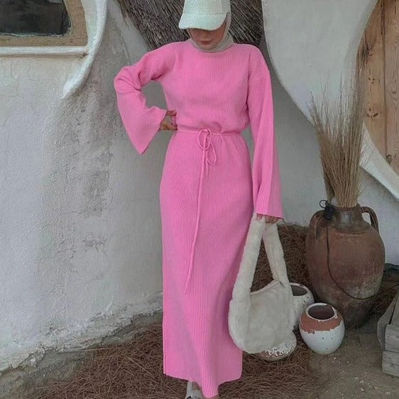 Belted Ribbed Long-Sleeve Knit Maxi Dress