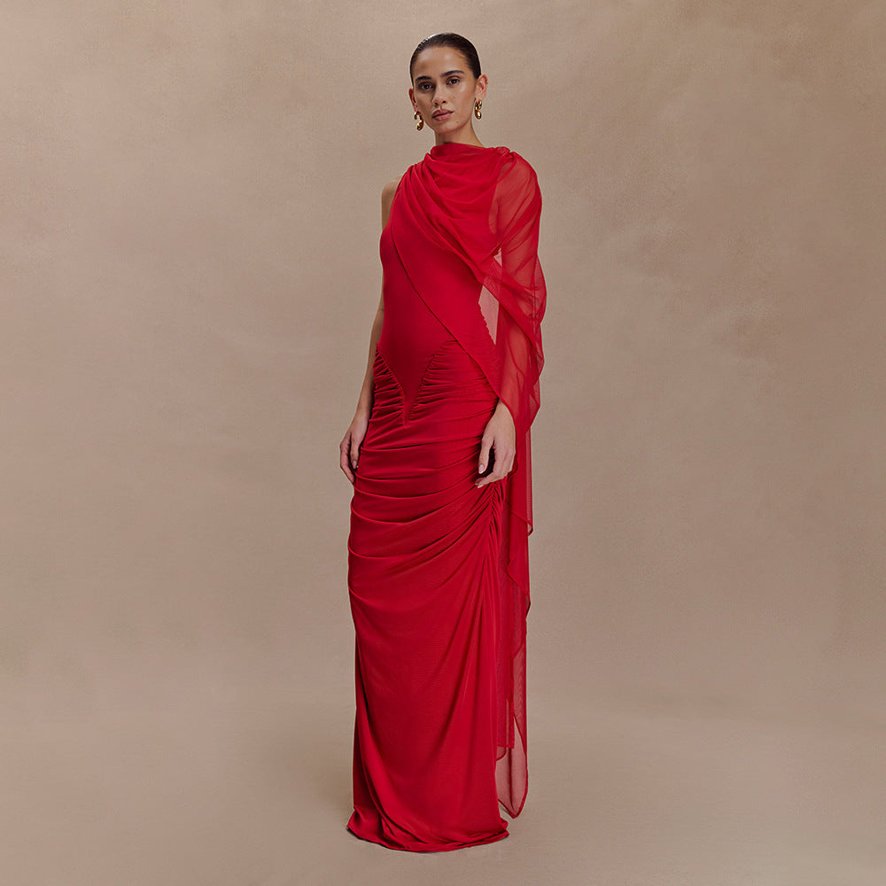 Women's Fashionable Pleated Mesh Shawl Dress Sexy Sheath Round Neck Slim Dress