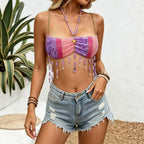 Casual Pearl Tassel Body Cha Halter Outer Tops