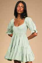 Women's Clothing Plaid Tight Waist Large Swing Square Collar Short Sleeve Plaid High Waist Dress