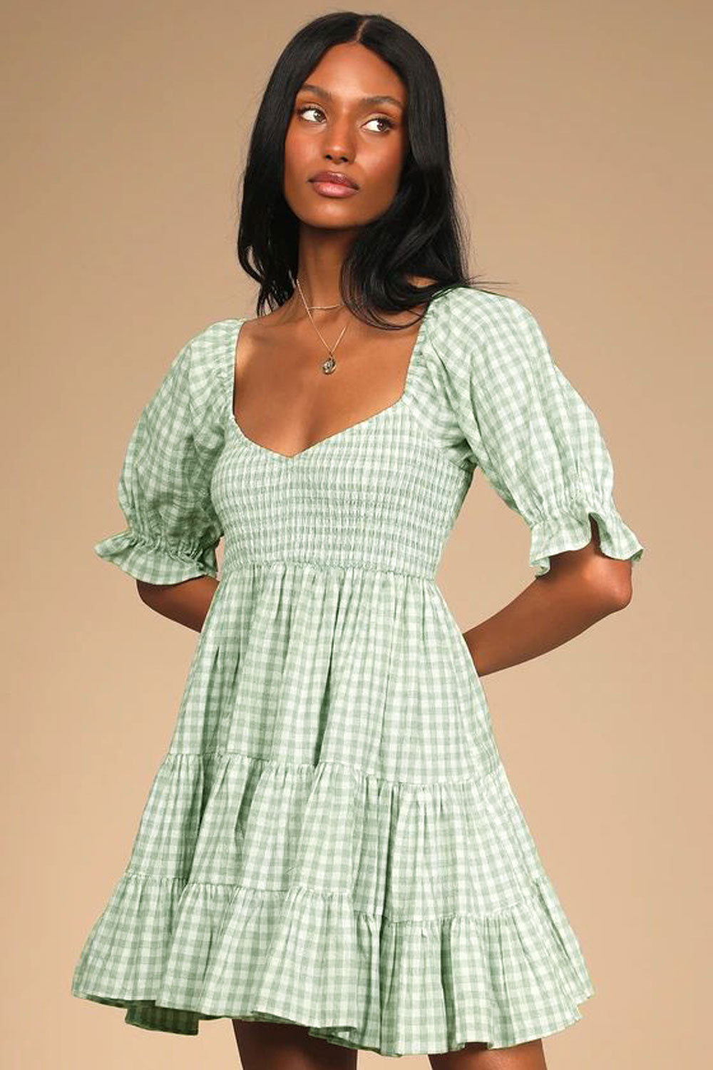 Women's Clothing Plaid Tight Waist Large Swing Square Collar Short Sleeve Plaid High Waist Dress