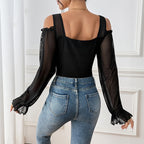 Sexy Wind Black Cold-Shoulder Mesh Long Sleeve Jumpsuit