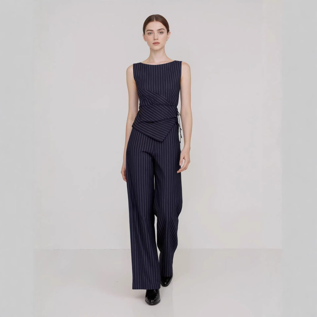 Professional Women Striped Sleeveless Asymmetric Top Straight Leg Trousers Two Piece Sets