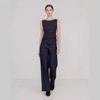 Professional Women Striped Sleeveless Asymmetric Top Straight Leg Trousers Two Piece Sets
