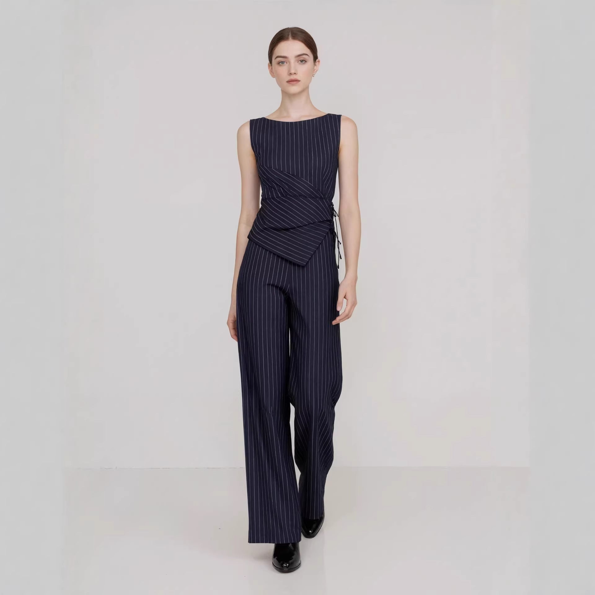 Professional Women Striped Sleeveless Asymmetric Top Straight Leg Trousers Two Piece Sets