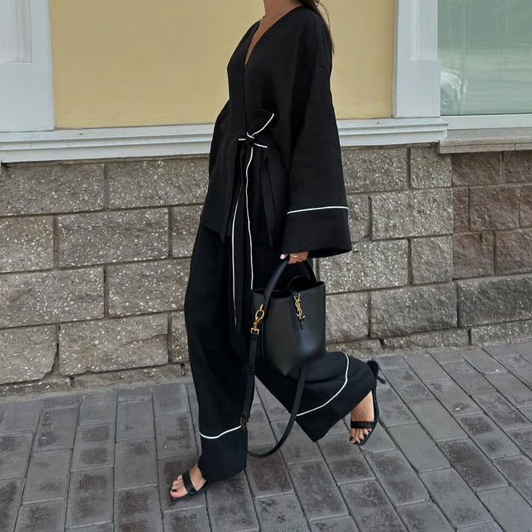 Lace-Up Cardigan Top & Trousers Set