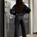 Autumn Winter Zipper Collared Solid Color Casual Two-Piece Set
