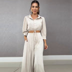 Drawstring Short Shirt Wide Leg Pants Set