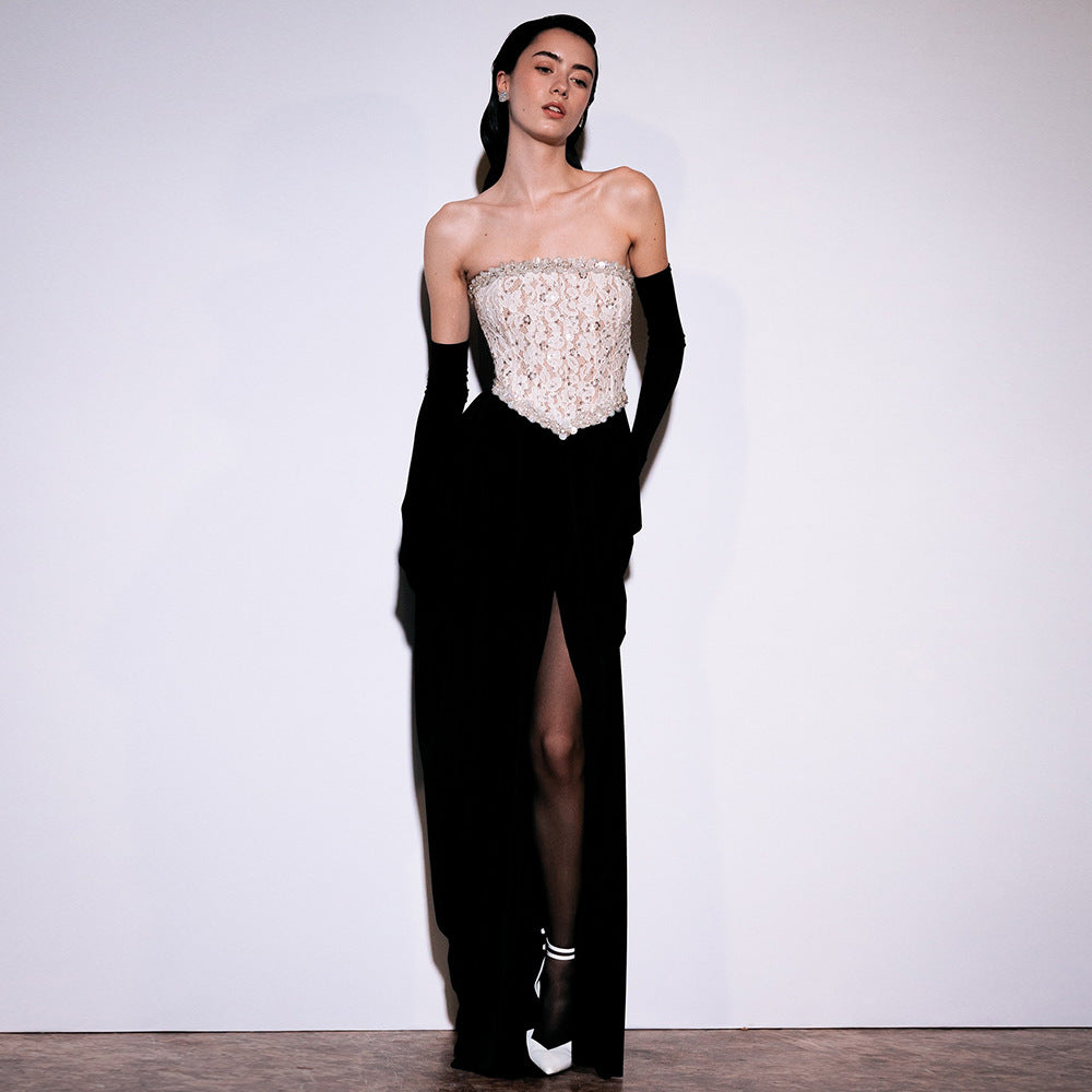 Women's Lace Bead Strapless Dress High Elastic Split Long