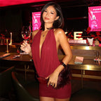 Women's Hollowed Out Backless Halter Deep V Plunge Hip Matching Dress