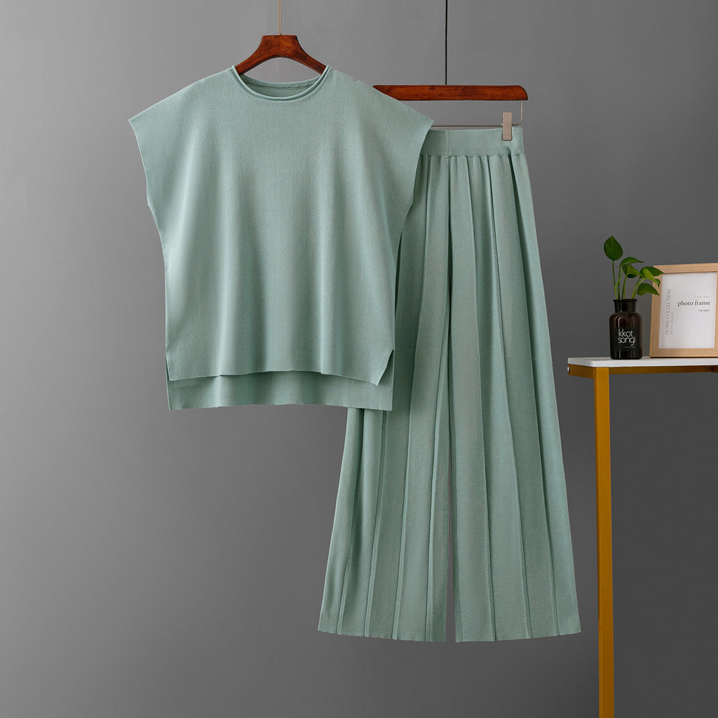 Casual Summer Solid Color Sleeveless Vest Sweater Wide Leg Pants Ice Silk Set