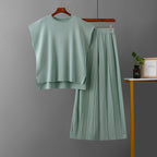 Casual Summer Solid Color Sleeveless Vest Sweater Wide Leg Pants Ice Silk Set