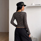 Women's Top V Neck Knot Metal Buckle Leopard Print Slim Fit Slimming Long Sleeves T Shirt