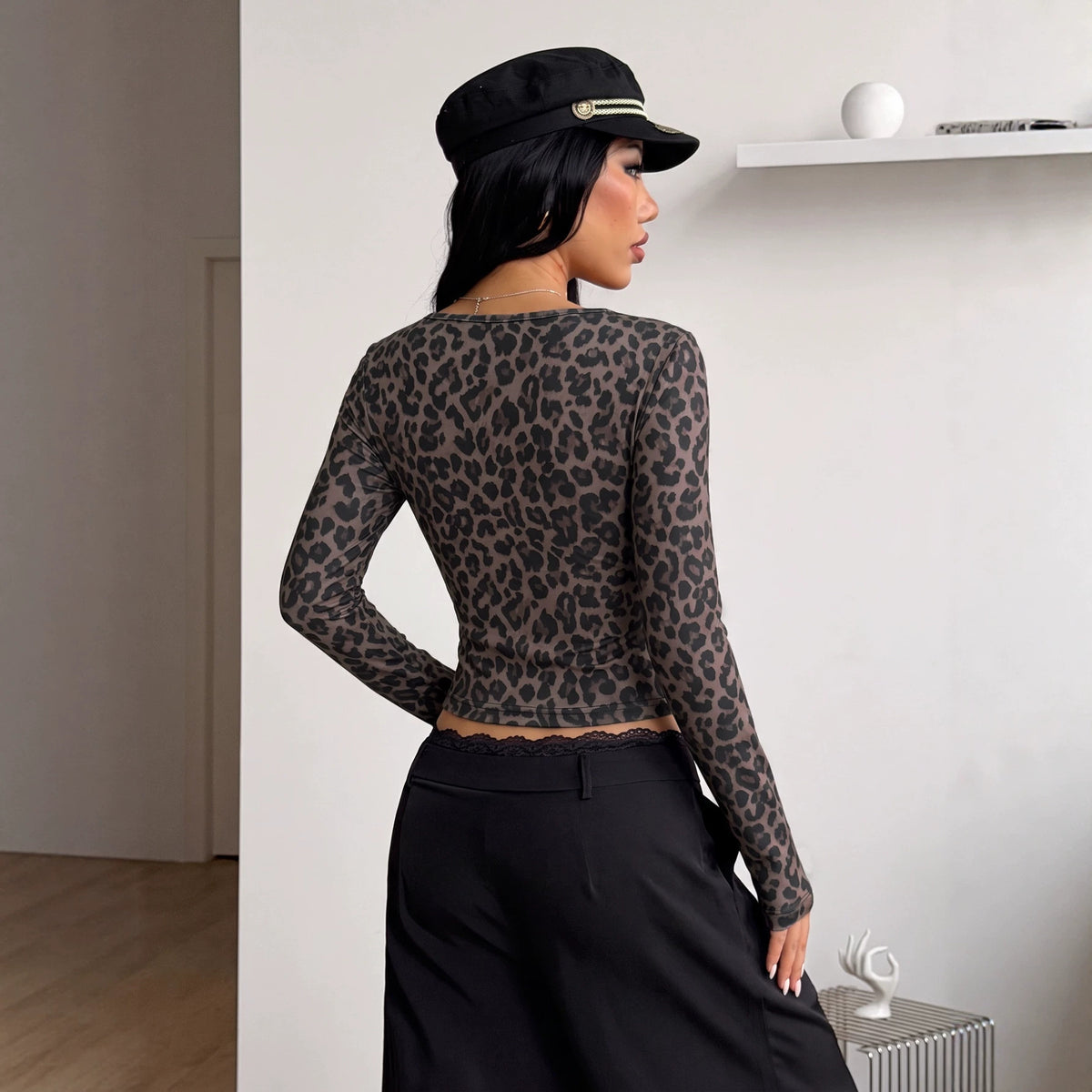 Women's Top V Neck Knot Metal Buckle Leopard Print Slim Fit Slimming Long Sleeves T Shirt