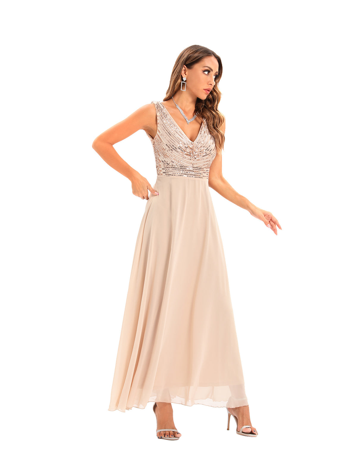 Women's Sequin Chiffon V-Neck Evening Maxi Dress
