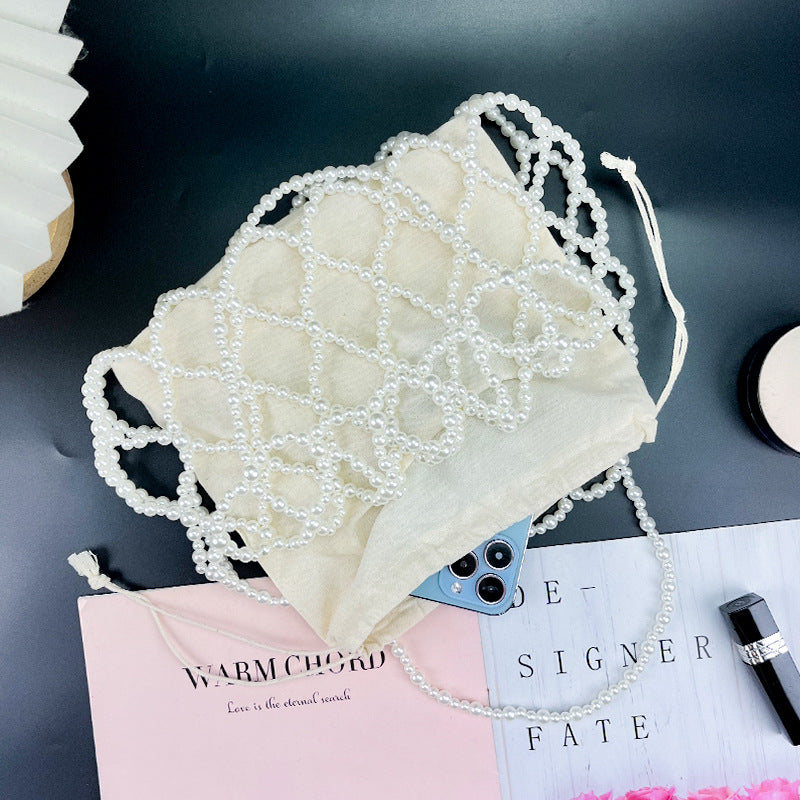 Women's French Vintage Handmade Beaded Bag All Matching Hollow Out Cutout White Imitation Pearl Acrylic Mobile Phone Bag