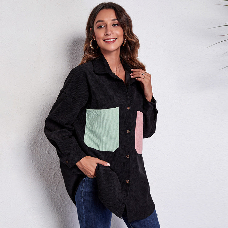 Women's Loose Corduroy Shirt Mid-Length Patchwork Pocket Drop-Shoulder Long-Sleeve Thin New