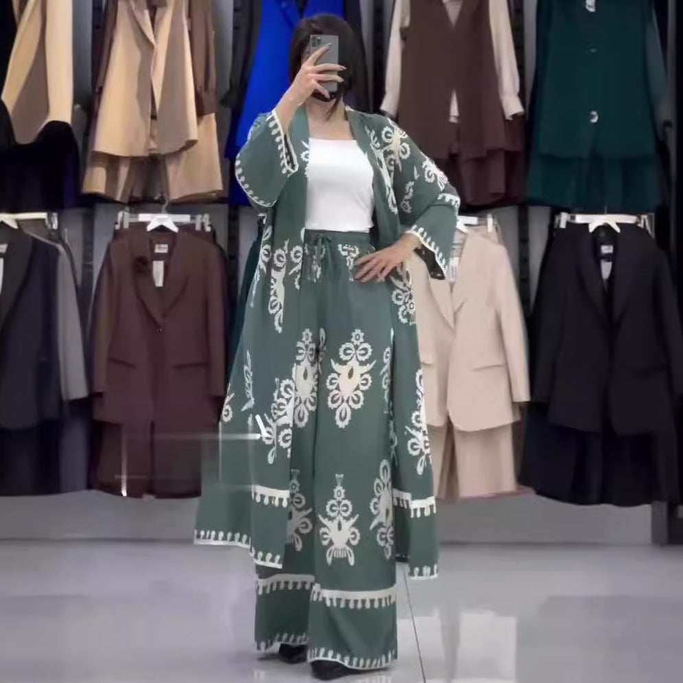 Printed Long-Sleeve Top & Wide-Leg Pants Two-Piece Set