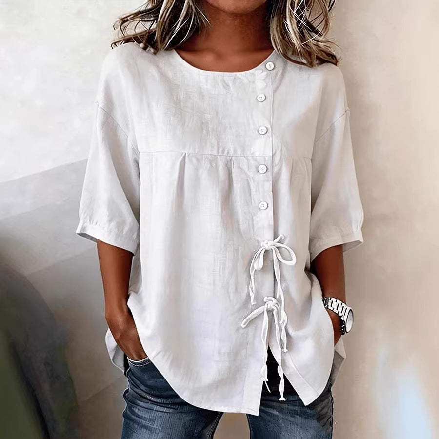 Elegant High End Shirt Lace up Button round Neck Shirt with