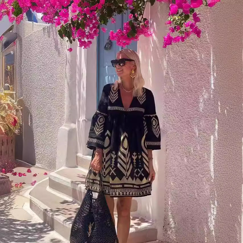 Same Printing Bell Sleeve Dress