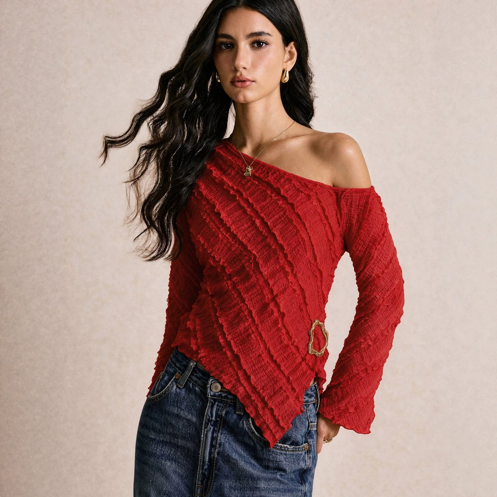 Women's Arrival Oblique Shoulder Texture T Shirt Irregular Asymmetric Hem Metal Buckle Horn Long Sleeve Top