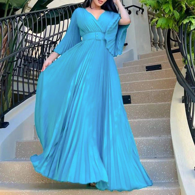 V-Neck Pleated Formal Swing Dress Maxi