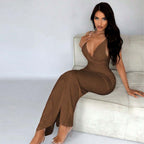Women's Backless Ruched V-Neck Bodycon Maxi Dress