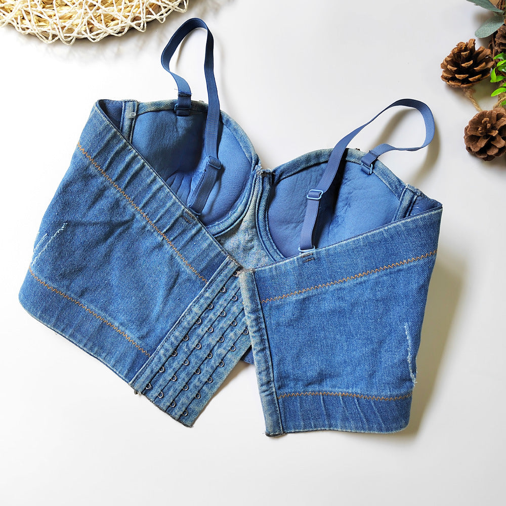 's Denim Camisole Beauty Back Cropped Free Underwear Boning