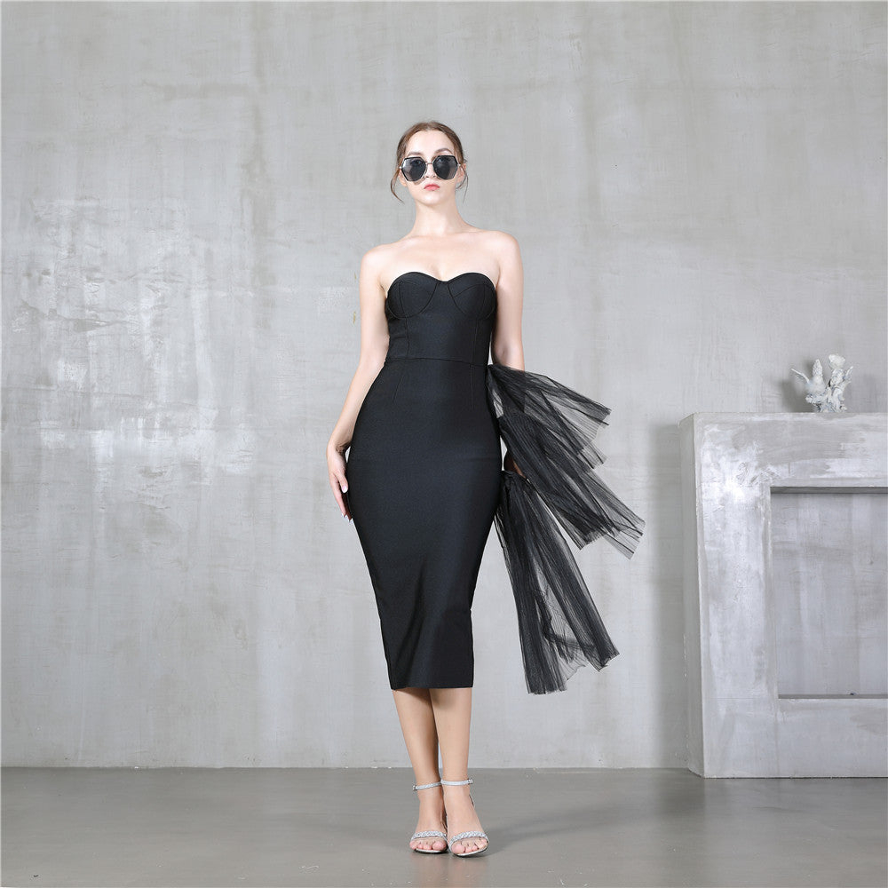 Strapless Tulle Asymmetric Slit Bodycon Midi Dress