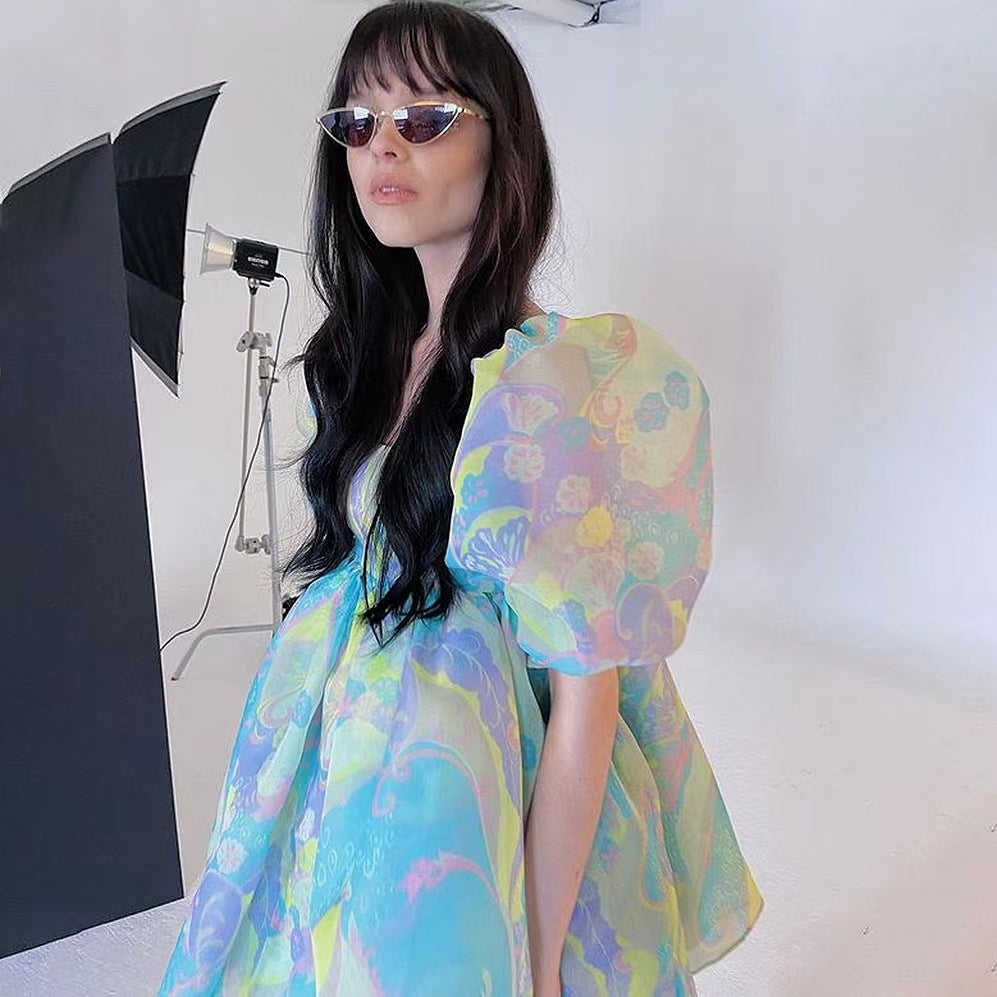 Women's Lace-Trim Printed Square-Neck Puff-Sleeve Dress
