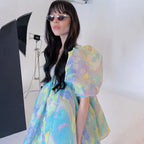 Women's Lace-Trim Printed Square-Neck Puff-Sleeve Dress