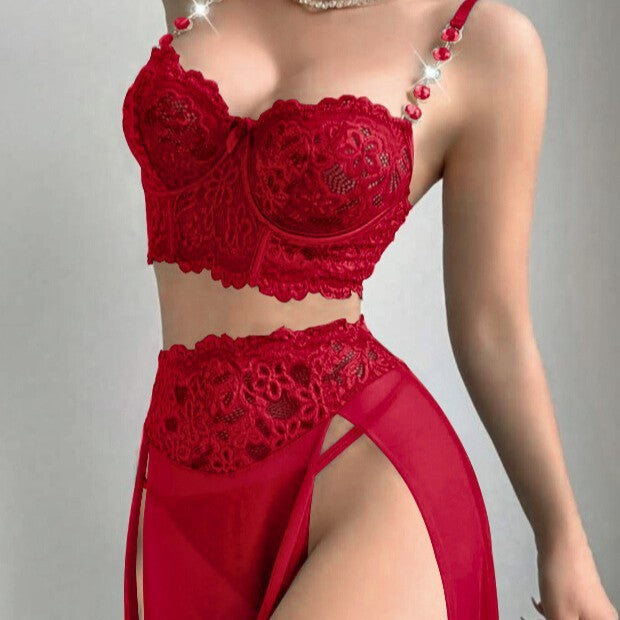 Women's Lace Mesh Split Lingerie Set