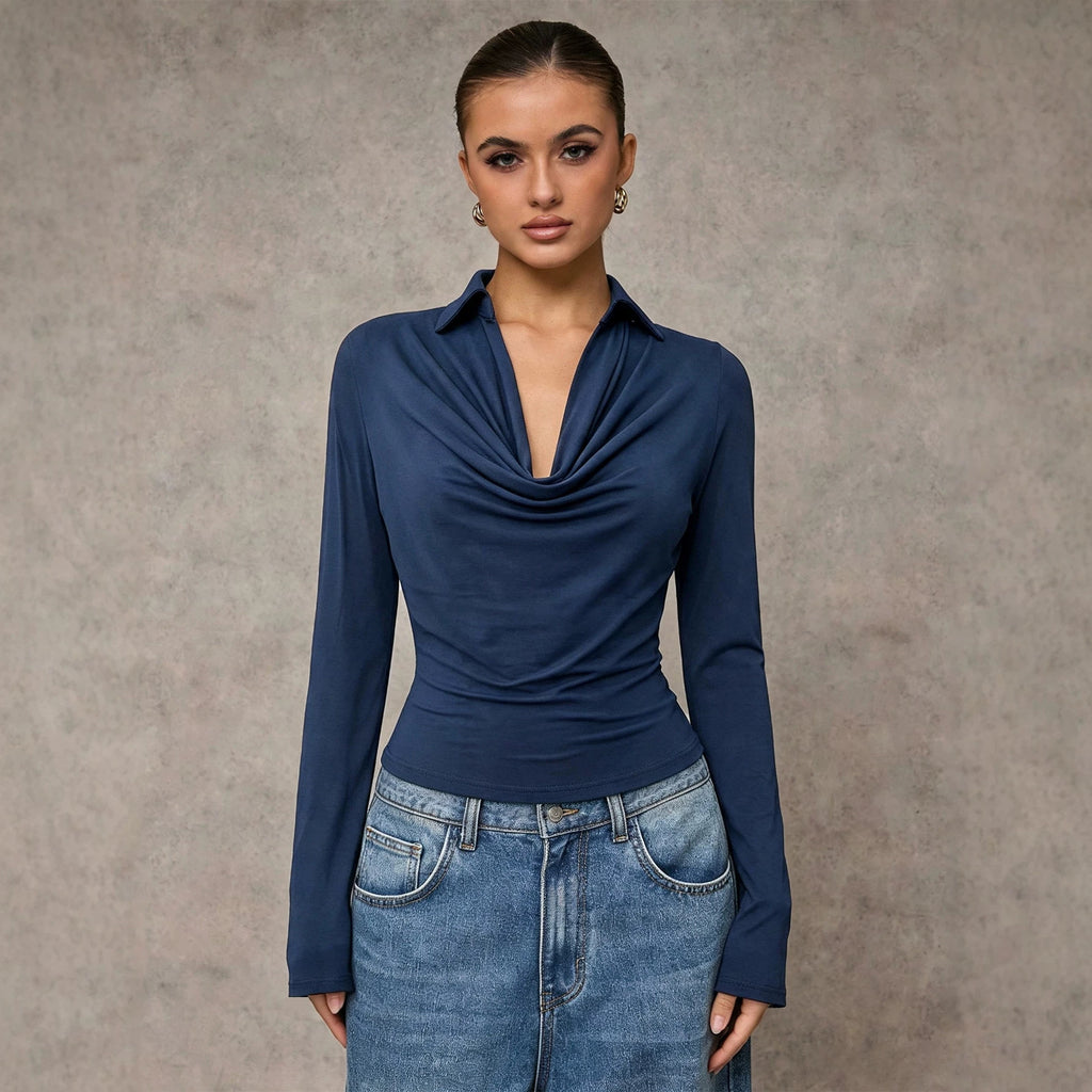 Women's Collared Pleated-Waist Long Sleeve Top