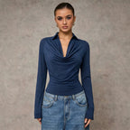 Women's Collared Pleated-Waist Long Sleeve Top