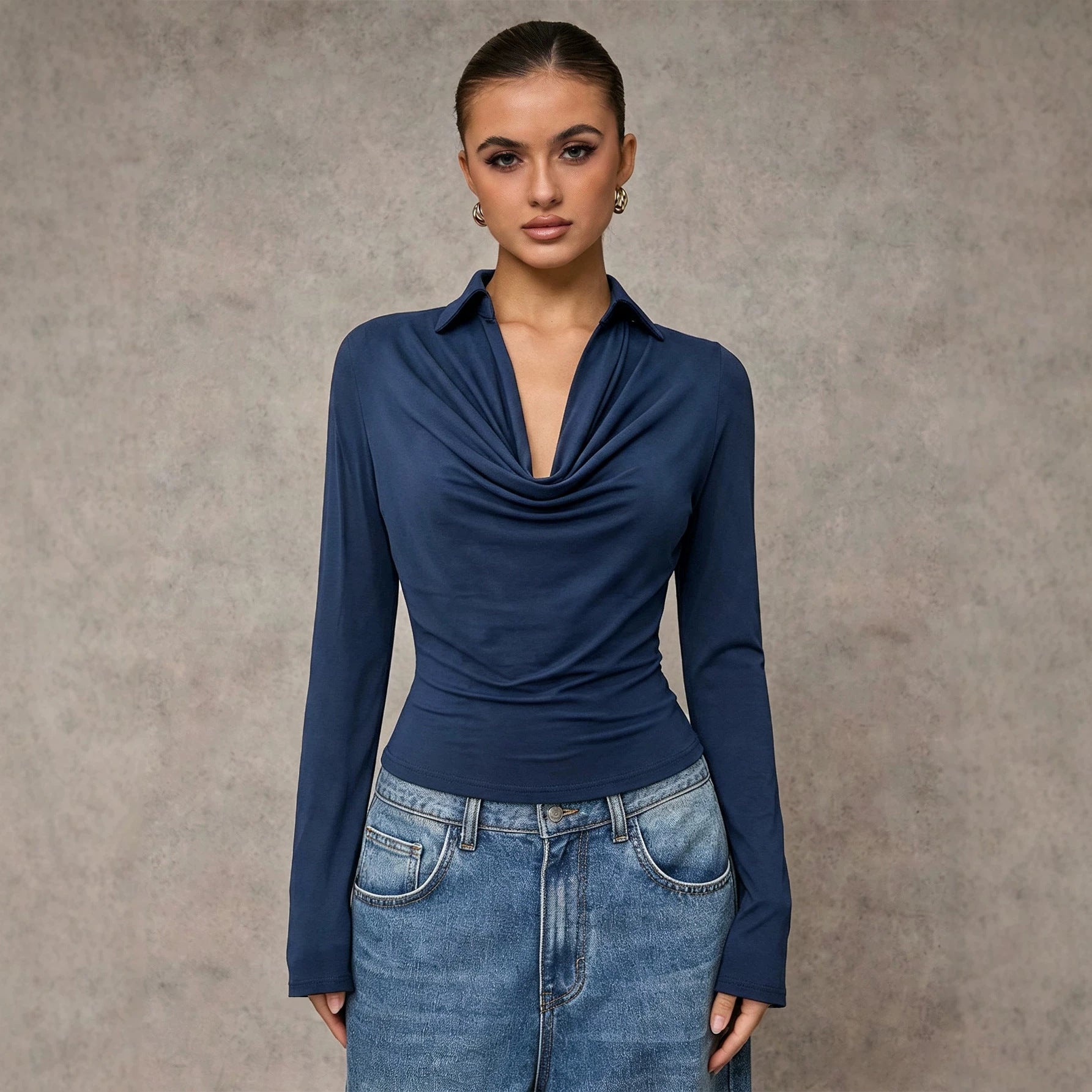 Women's Collared Pleated-Waist Long Sleeve Top