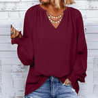 Women's V-Neck Chiffon Blouse – Loose Long Sleeve