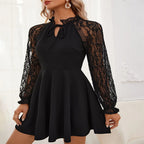 Women's Stand-Collar Lace Tie Long-Sleeve A-Line Mini Dress