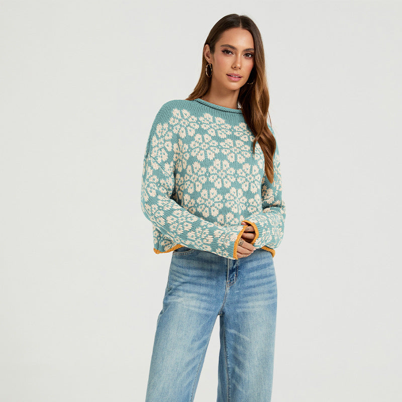 Autumn Winter Sweater Women round Neck Multicolor Jacquard