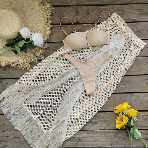 Bandeau one-piece swimsuit with crochet mesh and fringe, tan/brown