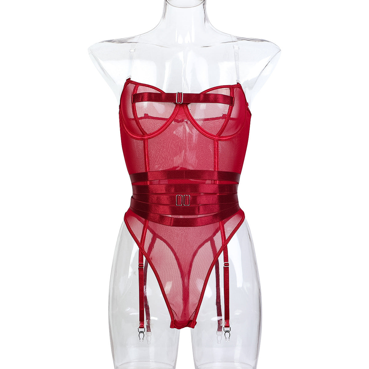 Burgundy sheer corset lingerie on mannequin with underwire cups, waist belt, garter straps