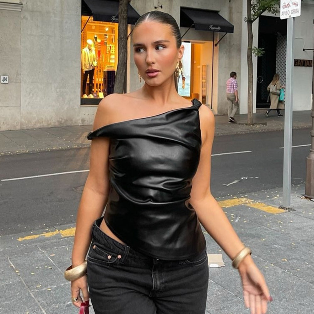 's Sleeveless Vest Leather Oblique Shoulder Personality